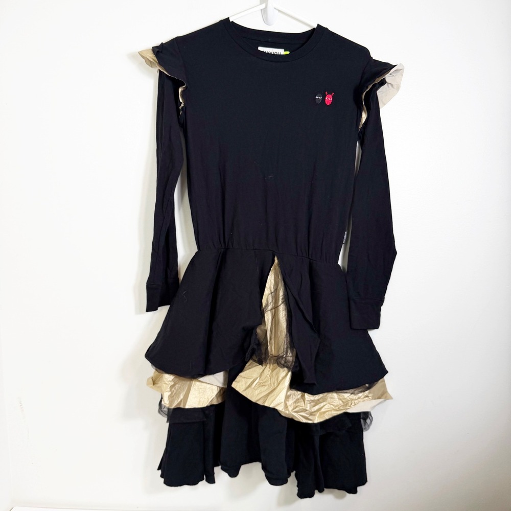 NUNUNU Dress Girls 12-14 Black Gold Metallic Ruffle Tulle Long Sleeve Layered